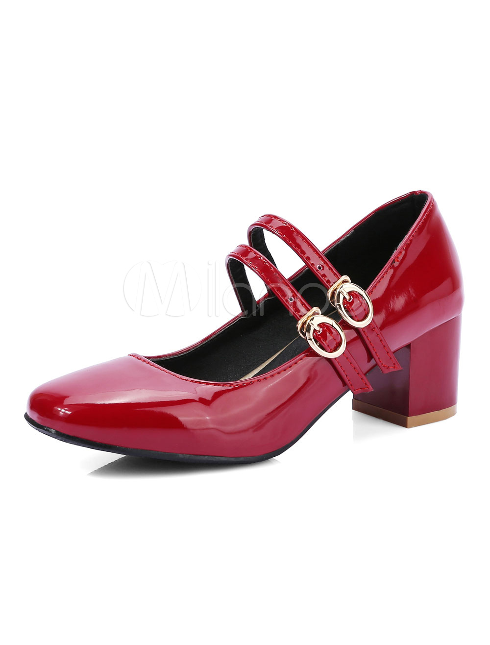 Red Mary Jane Shoes Square Toe Buckled Chunky Heel Shoes