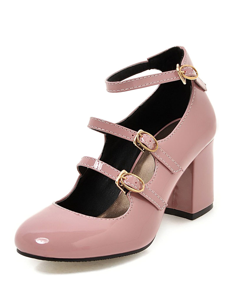Pink Mid Heels Round Toe Ankle Strap Mary Jane Shoes For Women Vintage ...