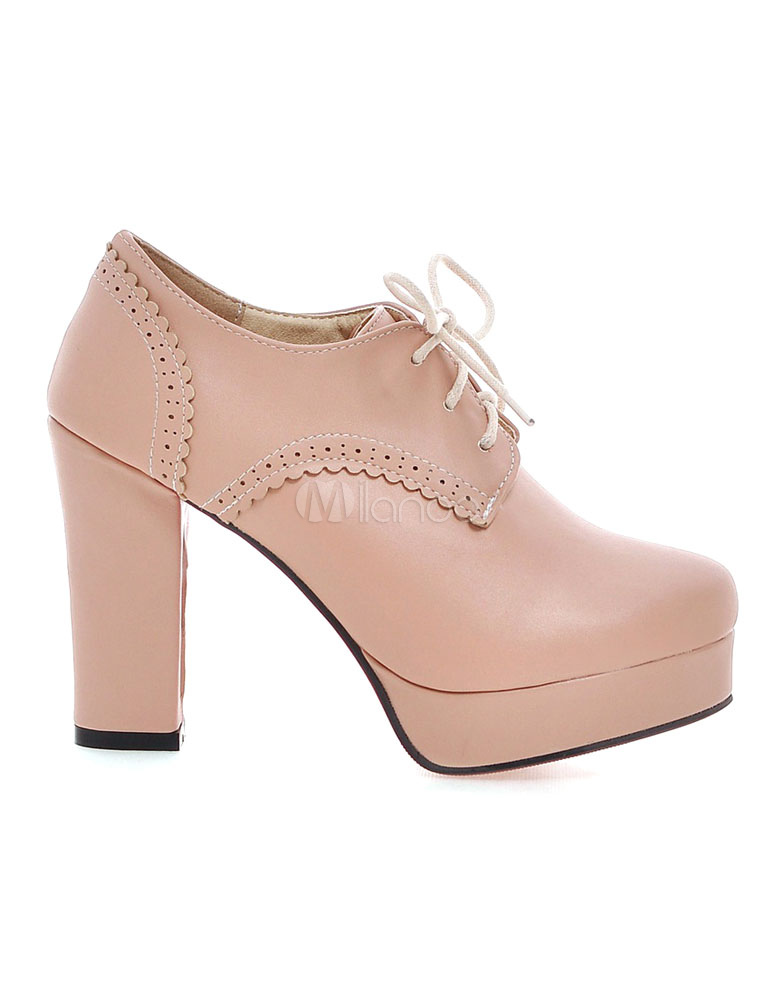 Pink Chunky Heels Platform Women's Pink Round Toe Lace Up High Heel ...