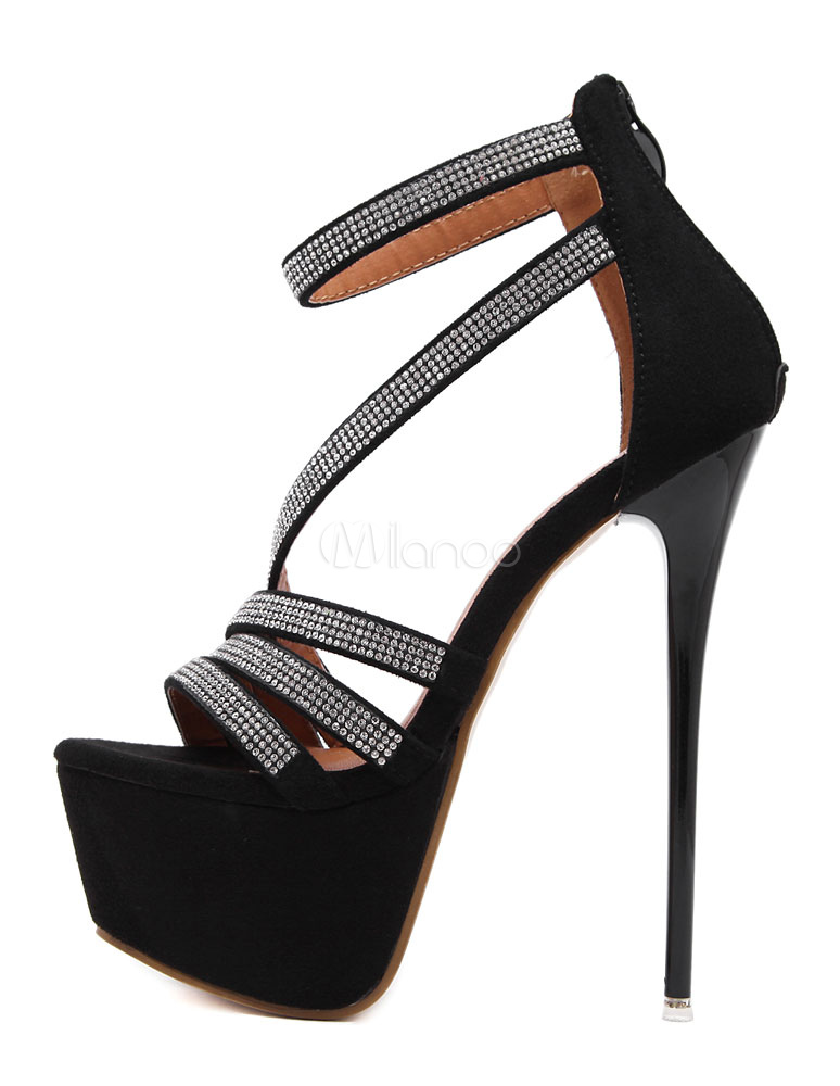 Black Sexy Sandals High Heel Platform Rhinestone Beaded Ankle Strap