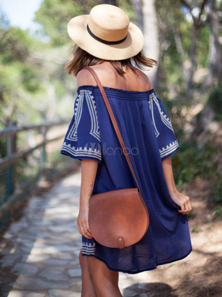 Women's Cover Ups Dark Navy Off The Shoulder Half Sleeve Geometric