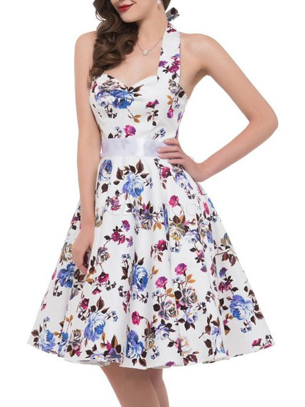 Floral Vintage Dress Halter Flowers Printed A Line Women's Retro Dress