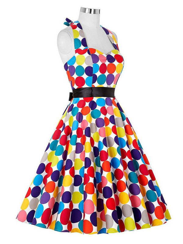 Women's Clothing Dresses | Halter Vintage Dress Women Polka Dot Printed Colorful Pleated A Line Retro Dress - IQ59957