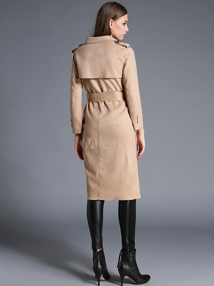 Women's Trench Coat Embroidered Apricot Long Sleeve Belted Winter Coats
