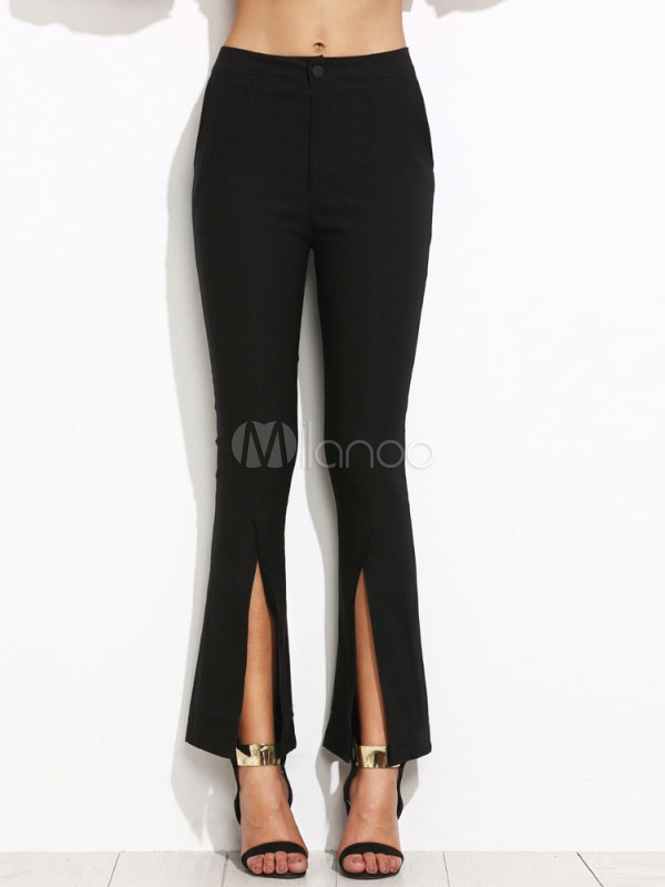 Pantaloni neri chic \u0026 moderni con spacco artistico di poliestere spacco  frontale - Milanoo.com