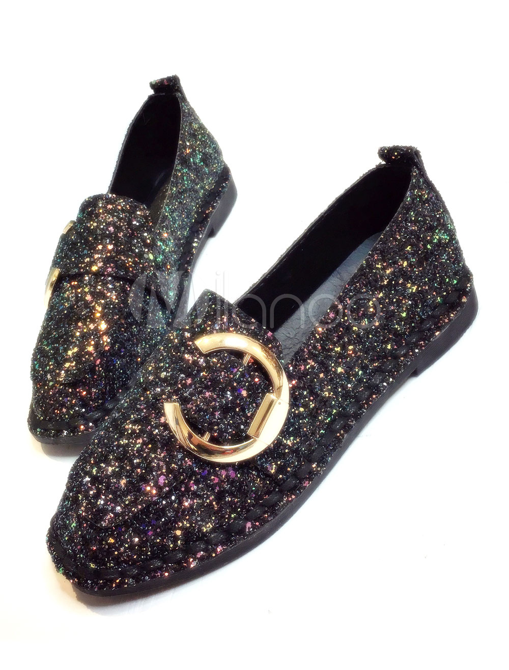 Black Loafer Shoes Women's Sequined Cloth Pointed Toe ...