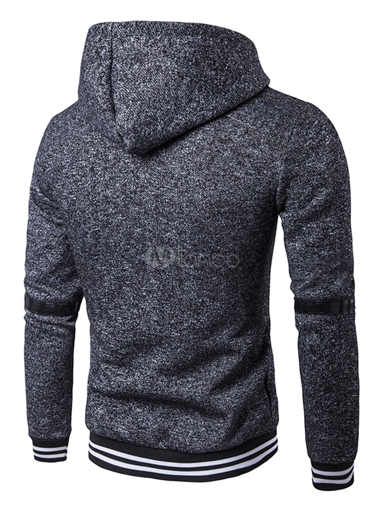 Men's Hooded Sweatshirt Light Grey Long Sleeve Patchwork Drawstring ...
