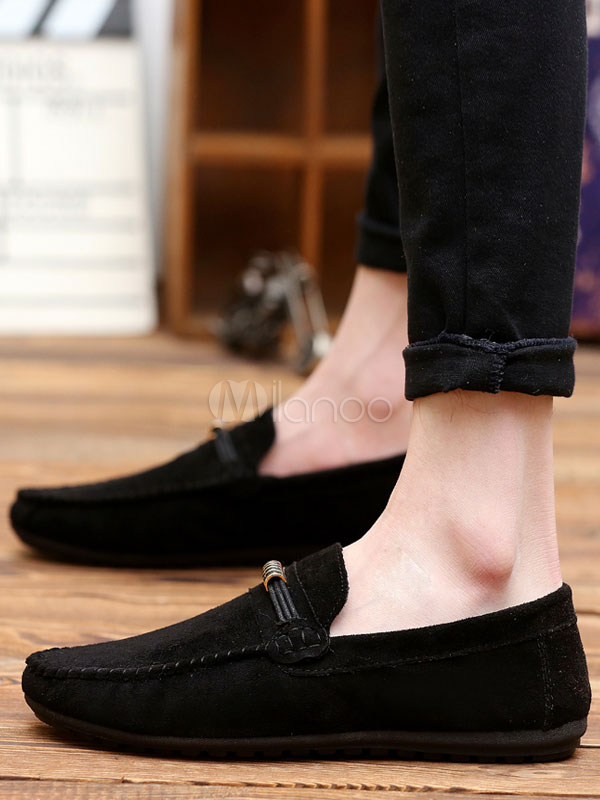 Men's Black Loafers Terry Round Toe Buttons Detail Slip On Driving ...