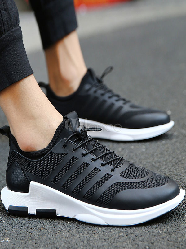 Men's Black Sneakers Mesh Round Toe Strappy Running Shoes - Milanoo.com