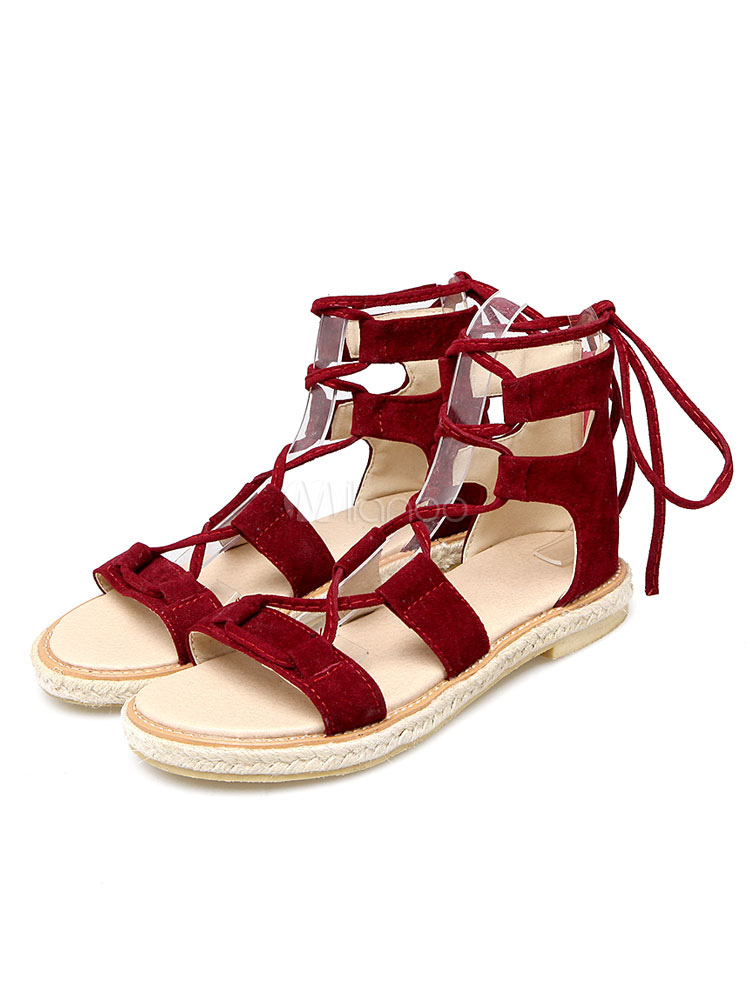 Red Strappy Sandals Suede Women's Lace Up Flat Sandal Shoes - Milanoo.com