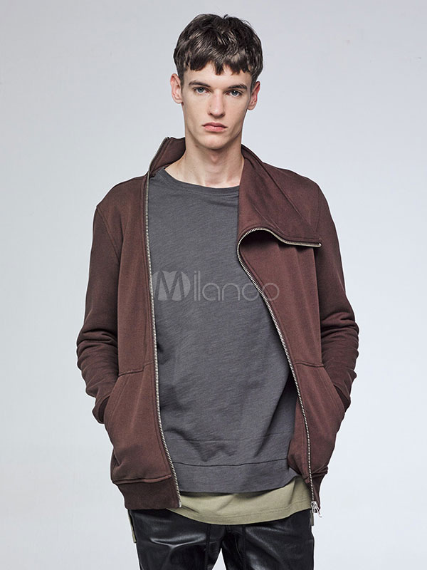 Brown Men's Hoodie Oblique Zip Up Long Sleeve Casual Hoodie - Milanoo.com