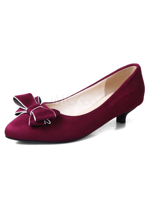 Suede Burgundy Pumps Women's Pointed Toe Bow Decor Kitten Heel Shoes ...
