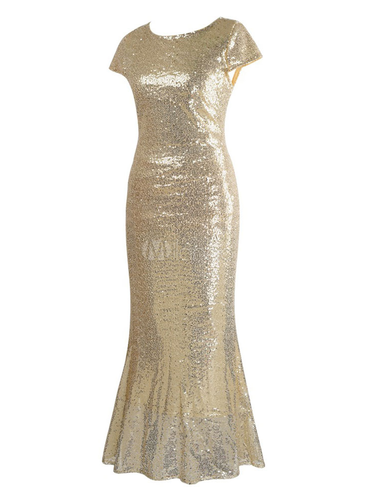 Glitter Bodycon Dress Sequined Gold Mermaid Short Sleeve Floor Length ...