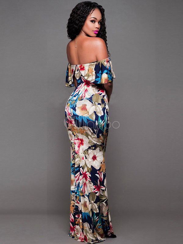 Boho Maxi Dress Floral Printed Ruffle Off The Shoulder Short Sleeve ...