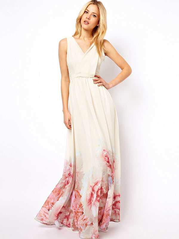 White Maxi Dress Boho Chiffon V Neck Sleeveless Floral Printed Pleated ...