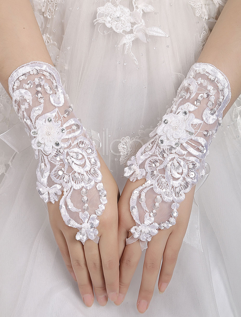 White Wedding Gloves Short Organza Fingerless Lace Applique Bridal Gloves 2984