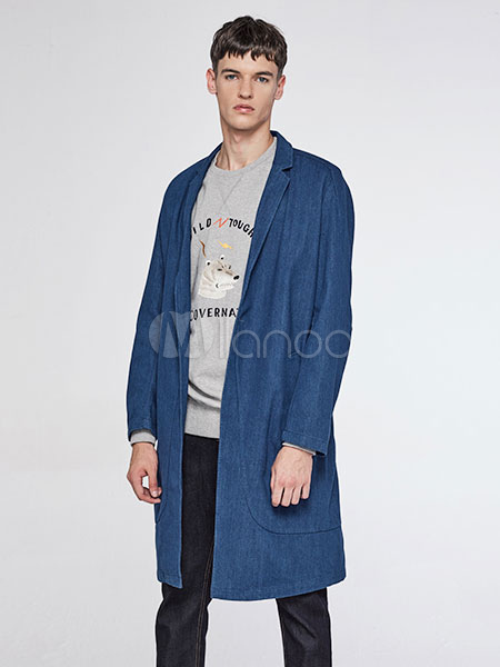 Blue Denim Coat Men's Casual Long Sleeve Longline Coat Blue Denim Coat Men's Casual Long Sleeve Longline Coat