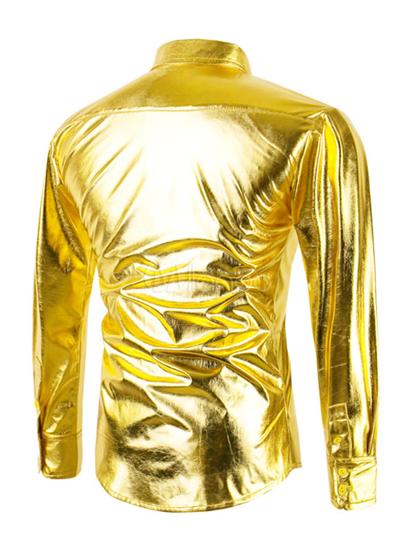 Men Metallic Shirt Golden Long Sleeve Glitter Casual Shirt - Milanoo.com