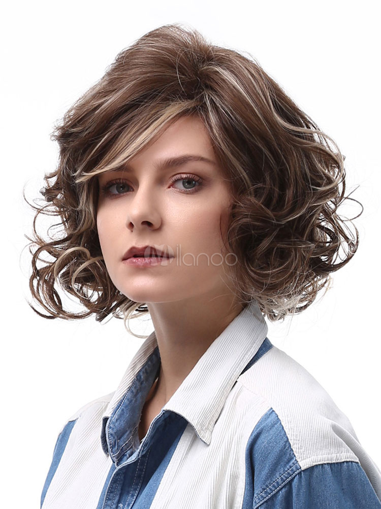 Curly Hair Wigs Brown Short Women S Tousled Side Swept Bangs