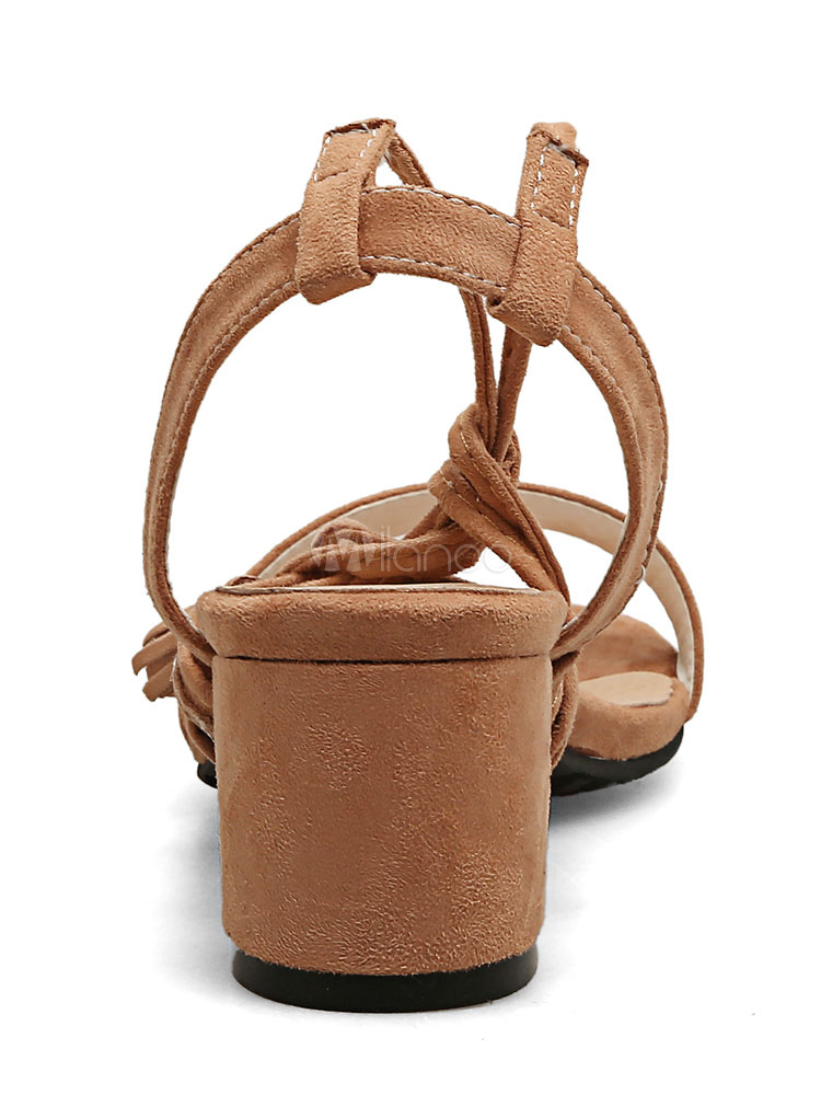 Brown Strappy Sandals Suede Chunky Heel Women's Open Toe Lace Up Sandal ...