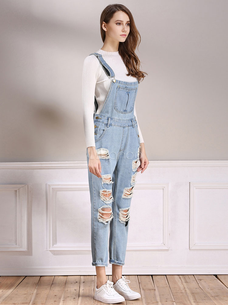 Ripped Overall Jeans Light Blue Straight Pinafore Jeans For Women ...