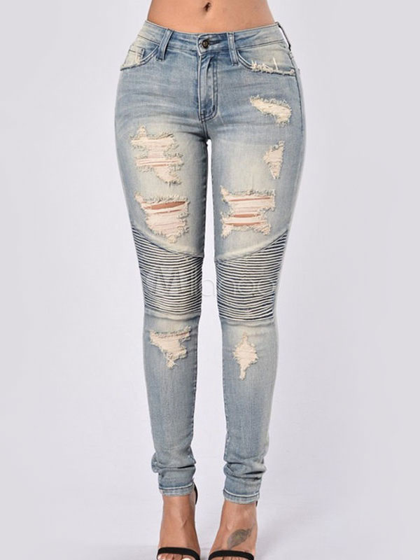 Women's Ripped Jeans Light Blue Cut Out Distressed Ruched Skinny Denim ...