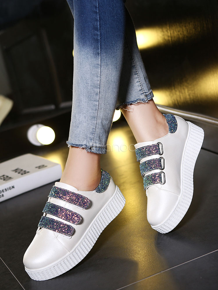 Women's White Sneakers Sequins Round Toe Color Block Velcro Straps ...