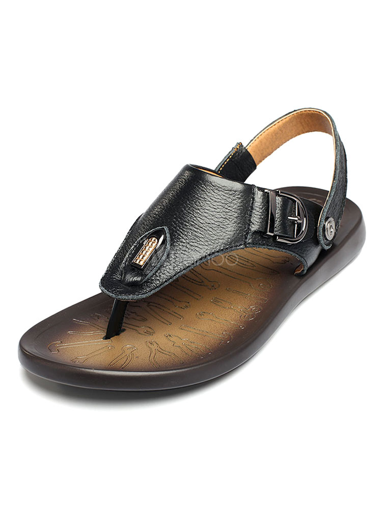 Men's Thong Sandals Cowhide Yellow Slingback Metallic Detail Flat ...