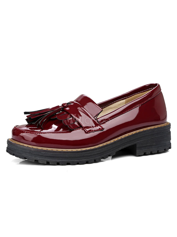 Burgundy Oxford Shoes Women's Patent PU Round Toe Slip On Casual Shoes ...