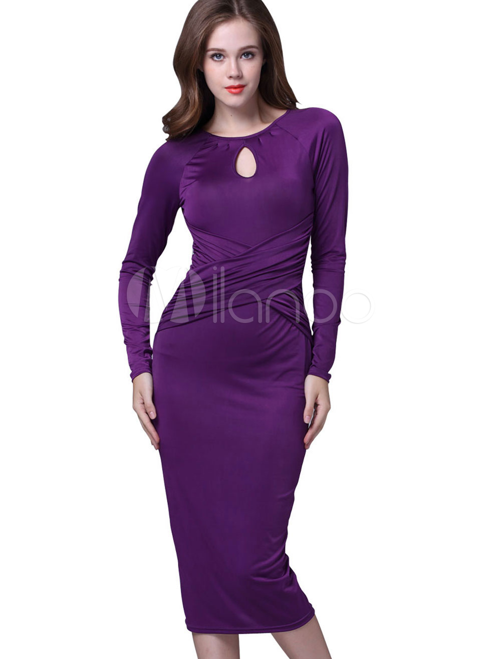 Purple Bodycon Dress Jewel Long Sleeve Slim Fit Sheath Dress For Women