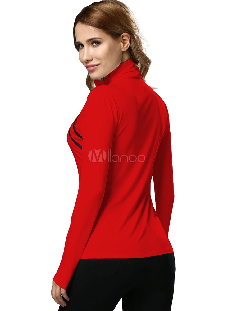 Long Sleeve T Shirt Red High Collar Women's Cut Out Tee Shirt Tops