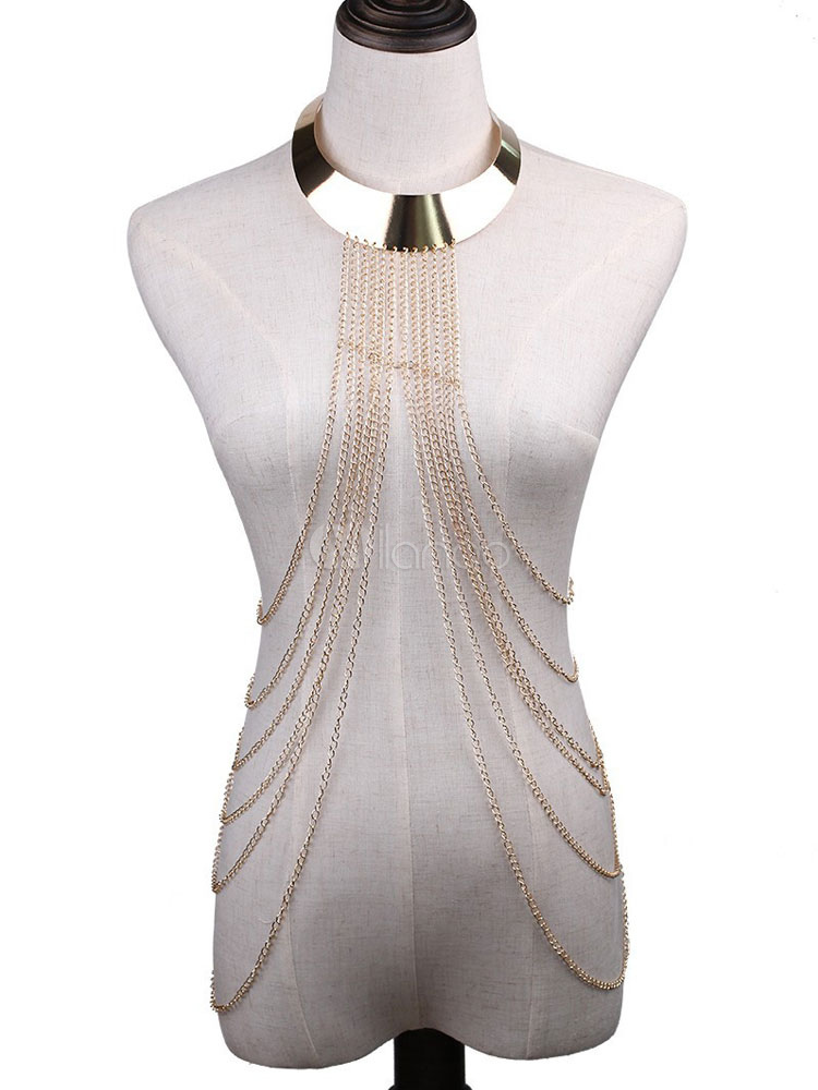 Gold Body Chain Women's Wide Necklace Layered Waterfall Body Jewelry
