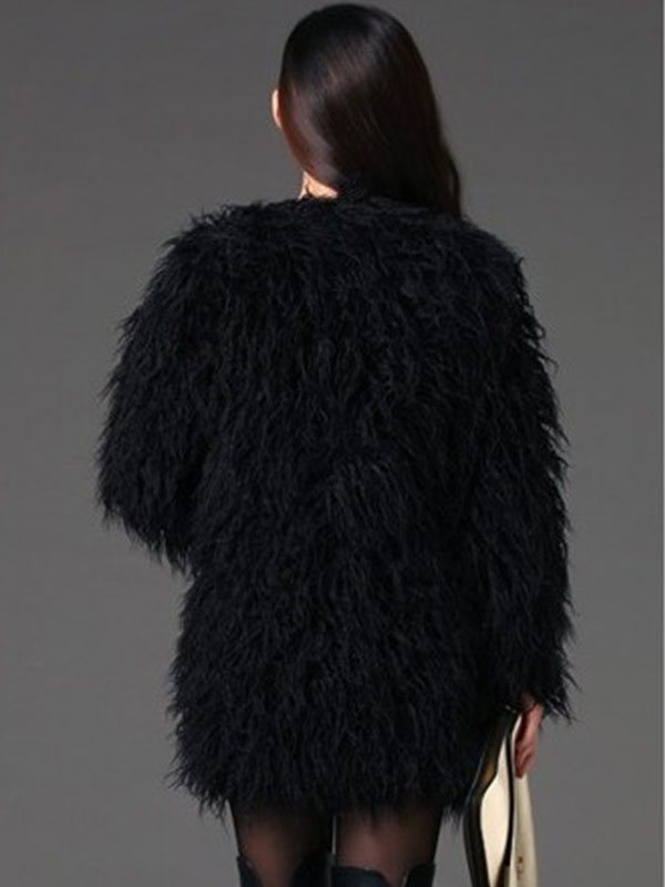 Women's Clothing Outerwear | Fluffy Black Coat Faux Fur Long Sleeve Women Winter Coat - BI70508
