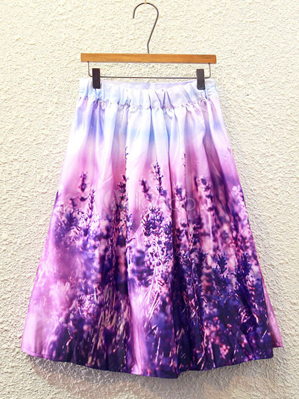 Women's Purple Skirt Pleated Lavender Printed A Line Knee Length Skirt ...