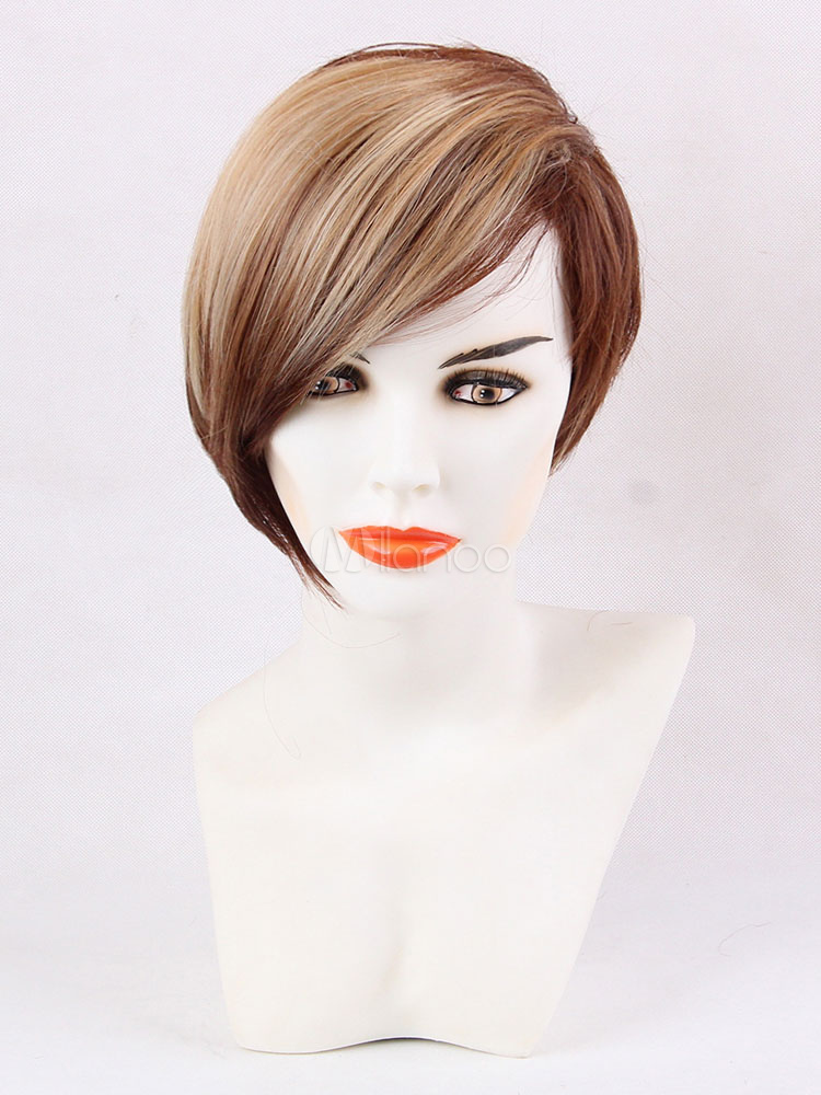 Short Hair Wigs Two Tone Split Color Side Bangs Synthetic Wigs For