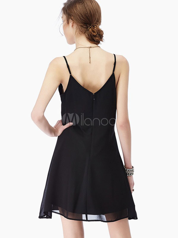 Chiffon Black Dress Short Summer Adjustable Straps Women's Slip Dress ...