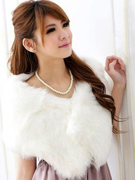 Women's Clothing Outerwear | White Wedding Shawl Faux Fur Stole Fluffy Bridal Wrap Shrug - EX75339