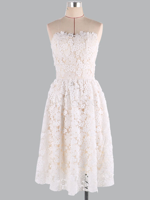 White Lace Dress Women's Strapless Sweetheart Neckline Pleated Fit ...