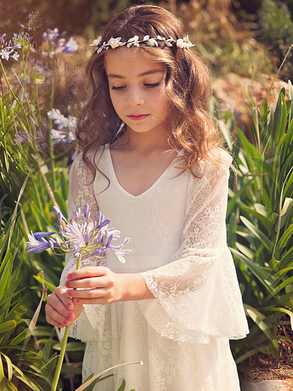 Vestido de niña para 2023 estilo Bohemia las damitas de encaje blanco con cuello en con con 3/4 manga - Milanoo.com