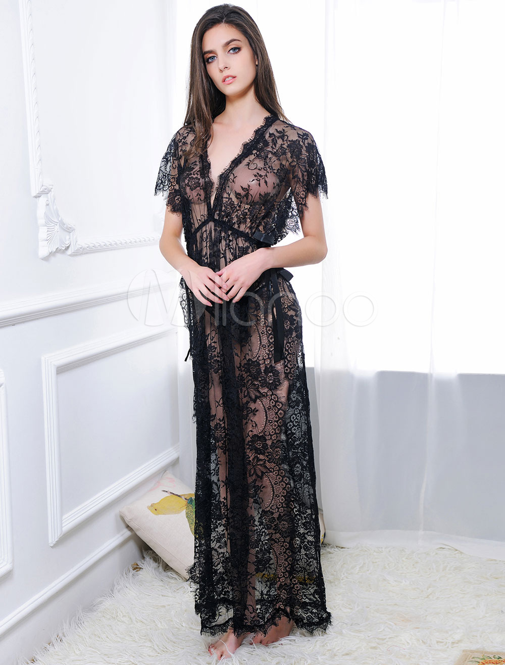 Black Lace Robe Sexy Maxi Gown Women's ...