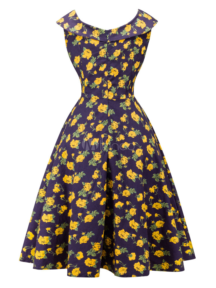 Yellow Vintage Dress Women's Jewel Neck Sleeveless Floral Printed ...
