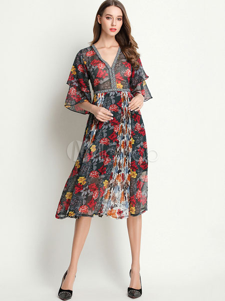 floral print flared sleeve pleated chiffon dress