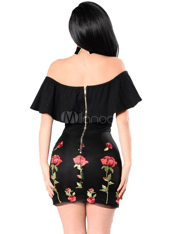 Off Shoulder Flounce Floral Printed Short Sleeve Bodycon Dresses