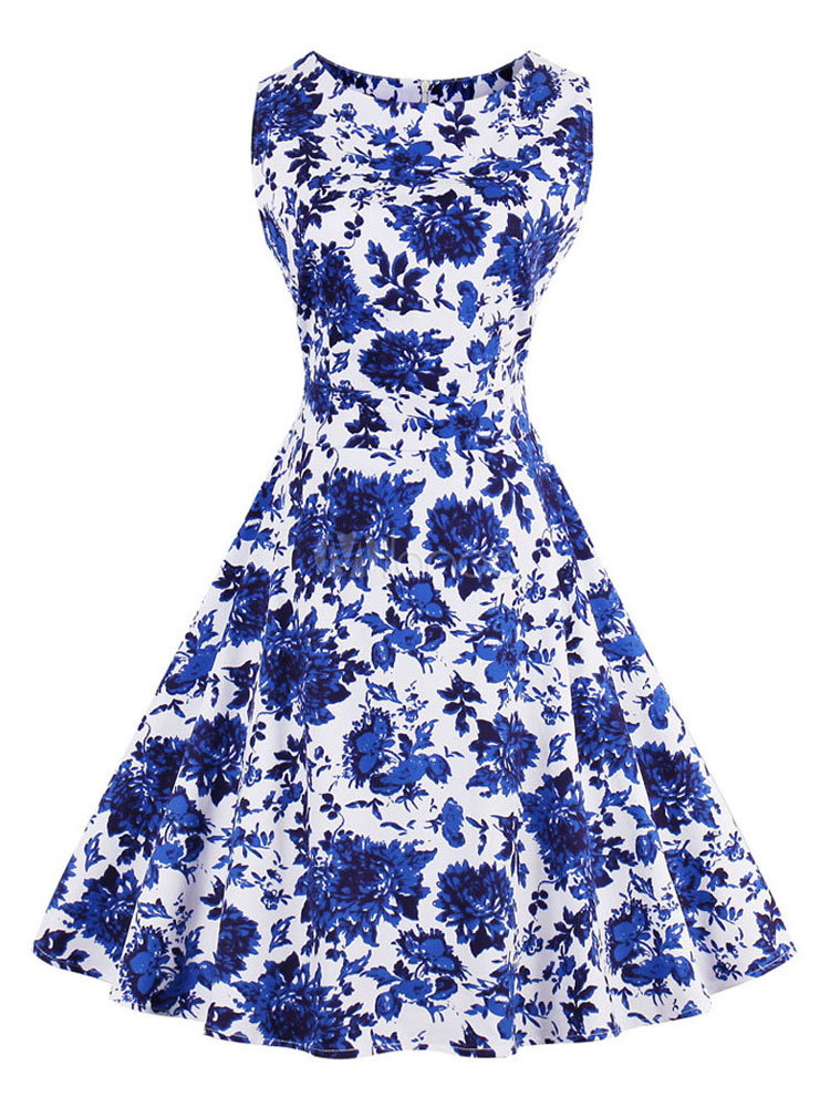 Blue Vintage Dresses Floral Print Sleeveless Women's Retro Fit And ...