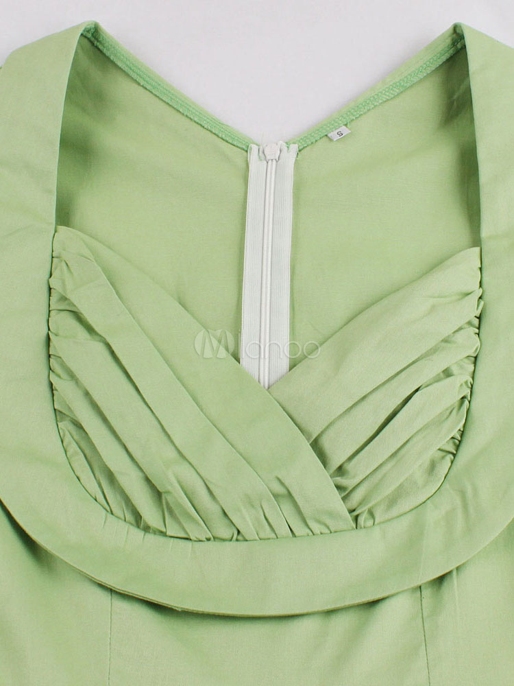 Floral Vintage Dresses V Neck Pleated Light Green Women's Sleeveless Printed Retro Dress