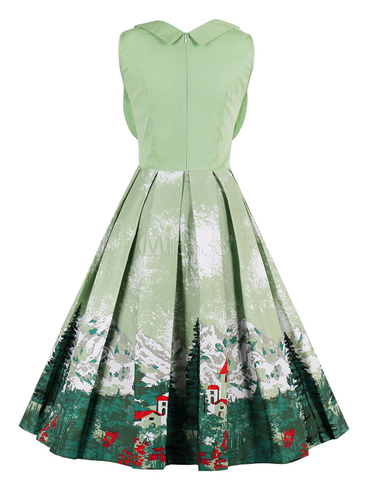 Floral Vintage Dresses V Neck Pleated Light Green Women's Sleeveless Printed Retro Dress