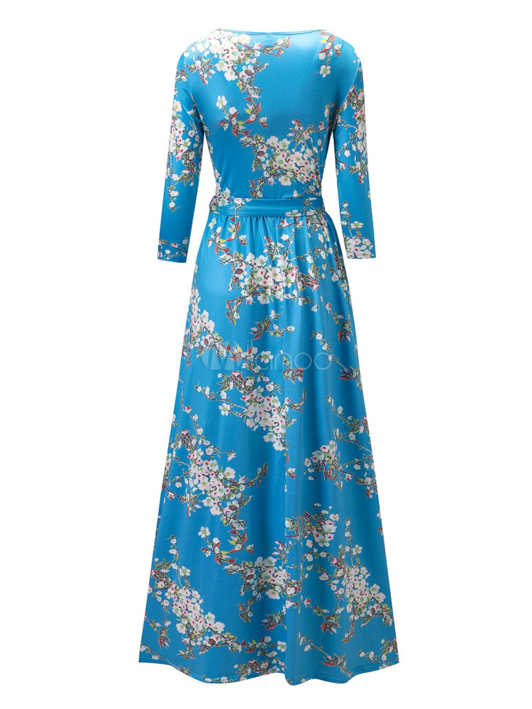 Blue Maxi Dress Silk Round Neck Long Sleeve Floral Printed Waist Tie ...