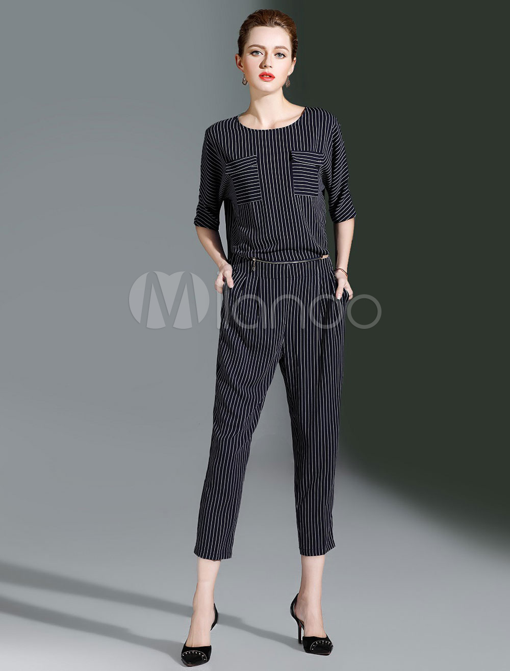 Damen Jumpsuit Schwarz Vintage Stil Mit Verstellbarem Taillengürtel main image 1