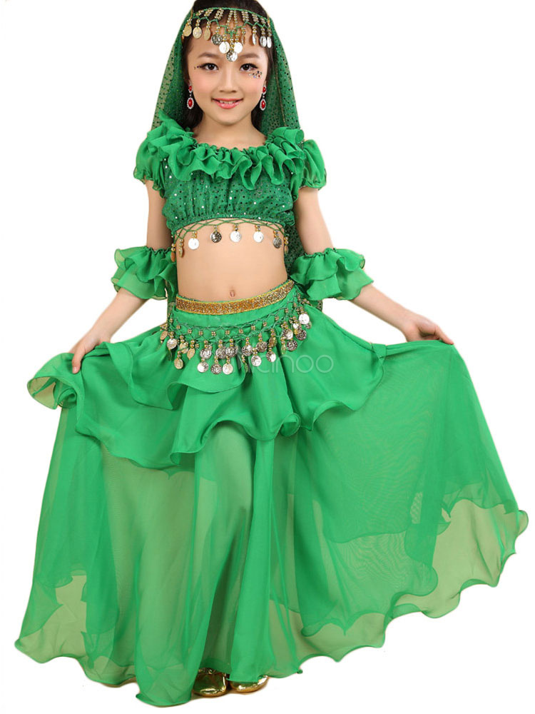 Belly Dance Costume Kids Chiffon Green Ruffle Tiered Indian Bollywood ...