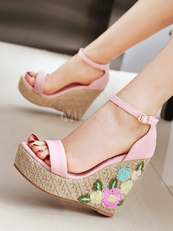 Sandálias de plataforma de camurça bordado tornozeleira Wedge sandálias de  salto alto - Milanoo.com